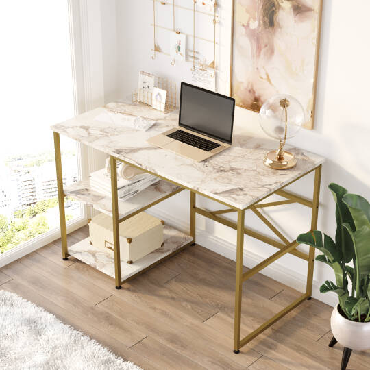 Arnis Gold Metal Bilgisayar Laptop Çalışma Masası Raflı 120 Cm Mermer Desen As23-ge