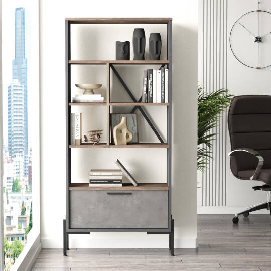 L'occi Concept Darian D Ofis Kitaplık Metal Ayaklı Kahve-Beton-Antrasit DR4-CGA