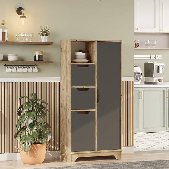 L'occi Concept Dorge 8 Raflı Çok Amaçlı Dolap 2 Kapaklı Çekmeceli Kiler Mutfak Dolabı Atlantik Çam-Antrasit DOG1-AA