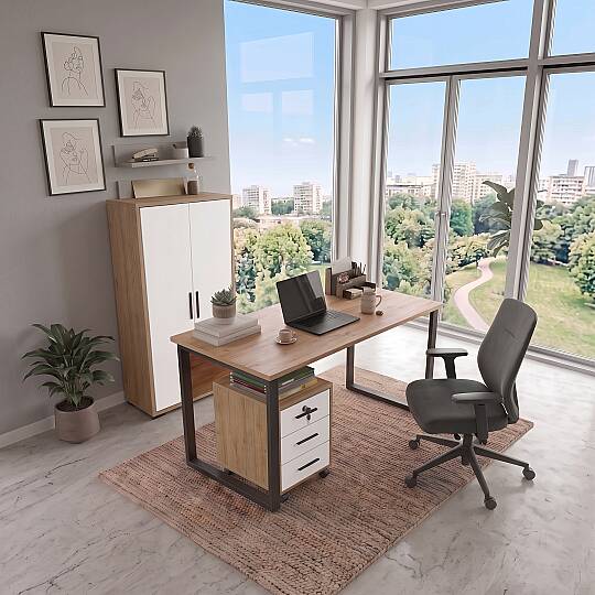 L'occi Concept Noa Ofis Mobilyası Takımı 140 cm Çalışma Masası 3 Çekmeceli Keson ve 5 Raflı Dolap Sepet Beyaz NOA11-SW