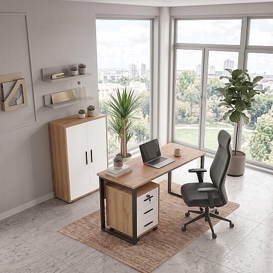 L'occi Concept Noa Ofis Mobilyası Takımı 140 cm Çalışma Masası 3 Çekmeceli Keson ve Dolap Sepet Beyaz NOA10-SW