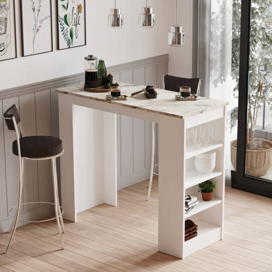 L'occi Concept Lowa Bar Masası Mutfak Yemek Masası Mermer-Beyaz LW1-EW