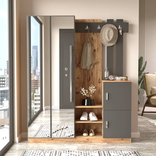 Wood Aynalı Askılı Kapaklı Vestiyer Portmanto Ayakkabılık Çam-antrasit Gri