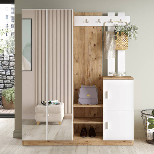 Wood Aynalı Askılı Kapaklı Vestiyer Portmanto Ayakkabılık Çam-beyaz