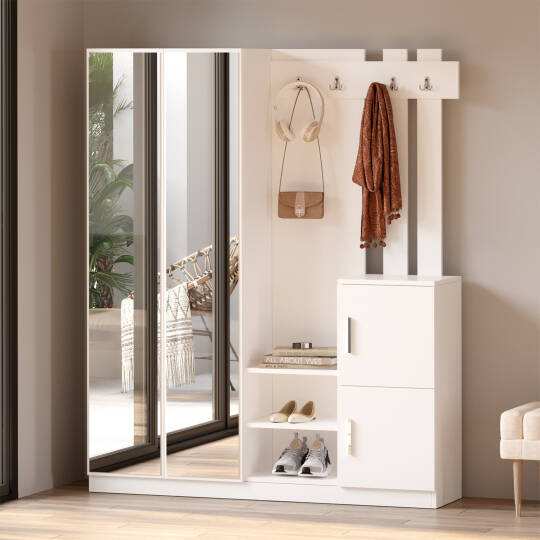 Wood Aynalı Kapaklı Askılı Vestiyer Portmanto Ayakkabılık Beyaz